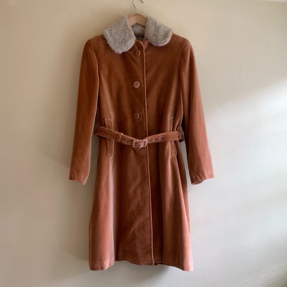 VINTAGE Roopam Velvet Penny Lane Coat Burnt Orange Women's Size S/M Belted